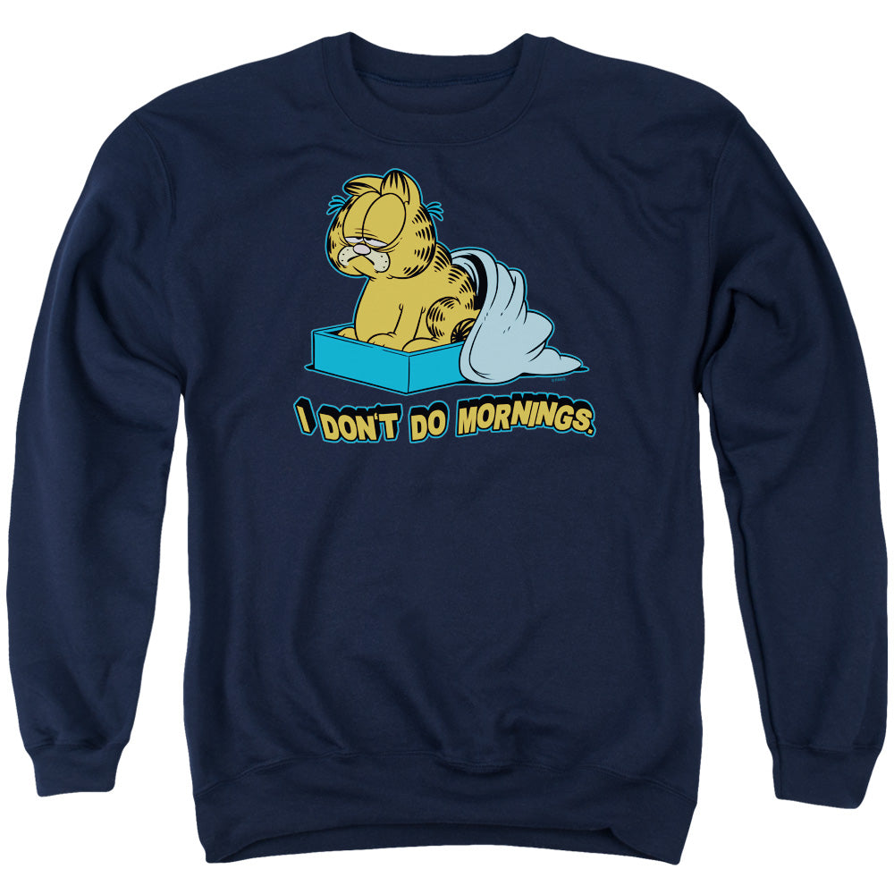 AN OFFCIALLY LICENSED GARFIELD I DONT DO MORNINGS ADULT UNISEX CREWNECK SWEATSHIRT NAVY