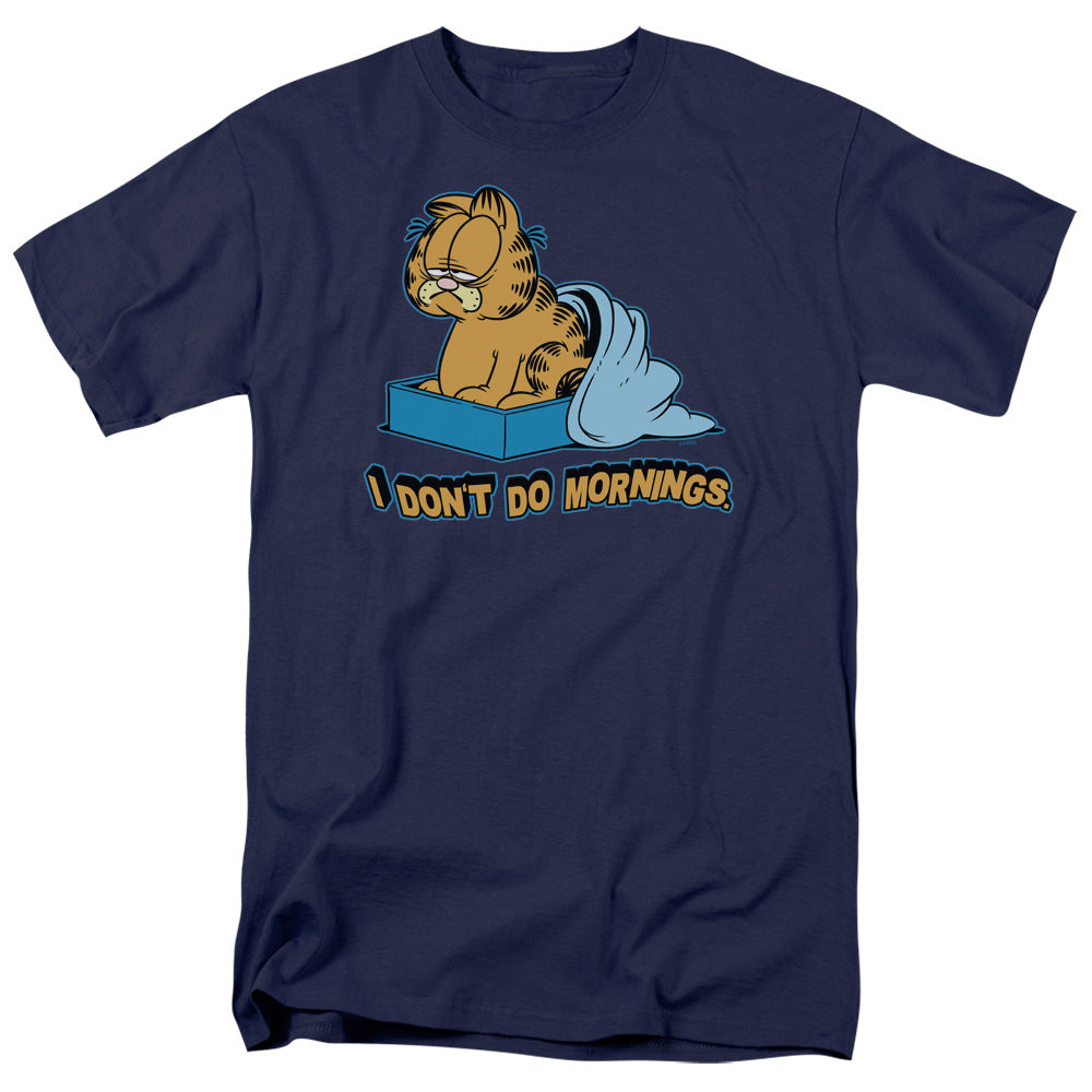 AN OFFCIALLY LICENSED GARFIELD I DONT DO MORNINGS MEN'S REGULAR FIT T-SHIRT NAVY