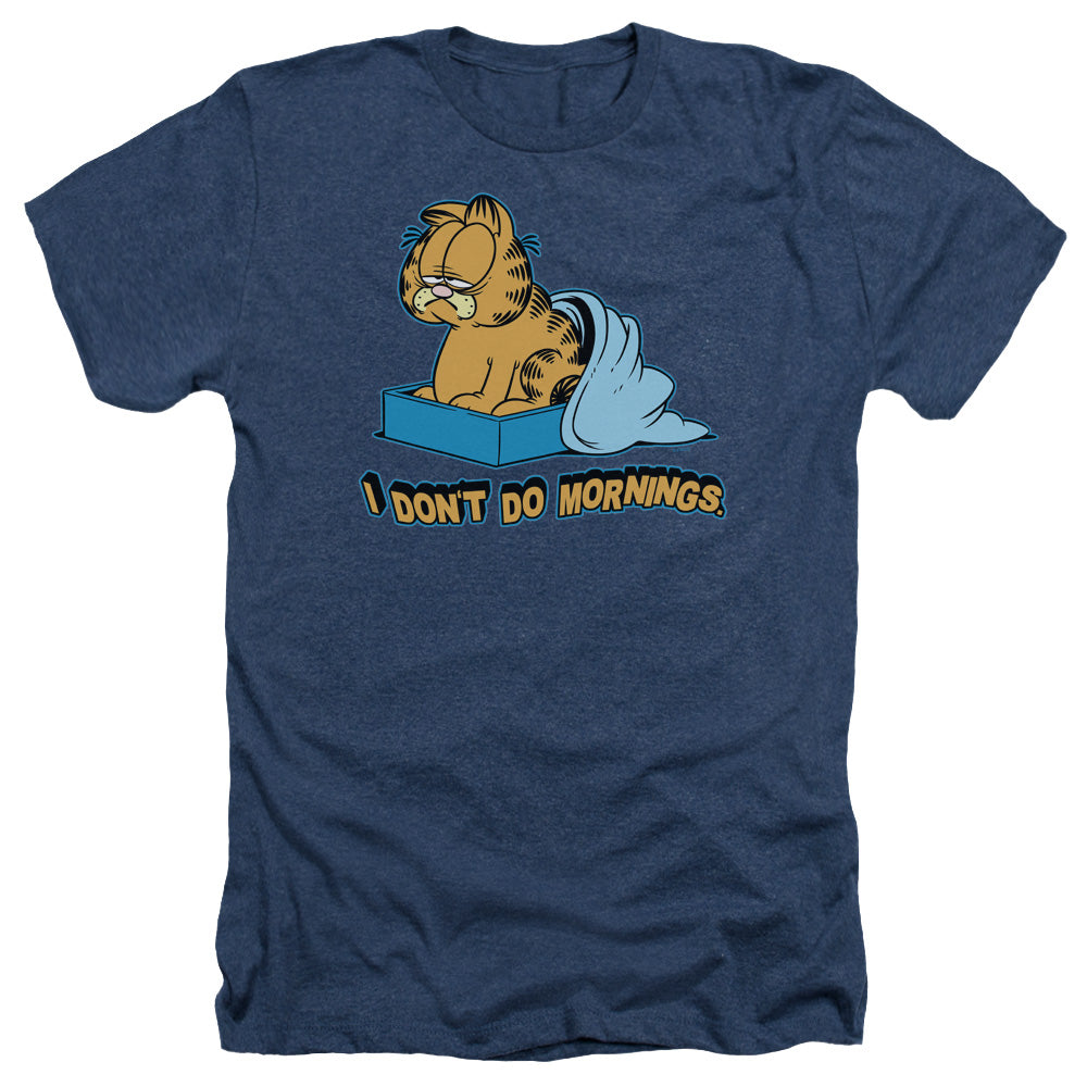 AN OFFCIALLY LICENSED GARFIELD I DONT DO MORNINGS MEN'S HEATHER T-SHIRT NAVY
