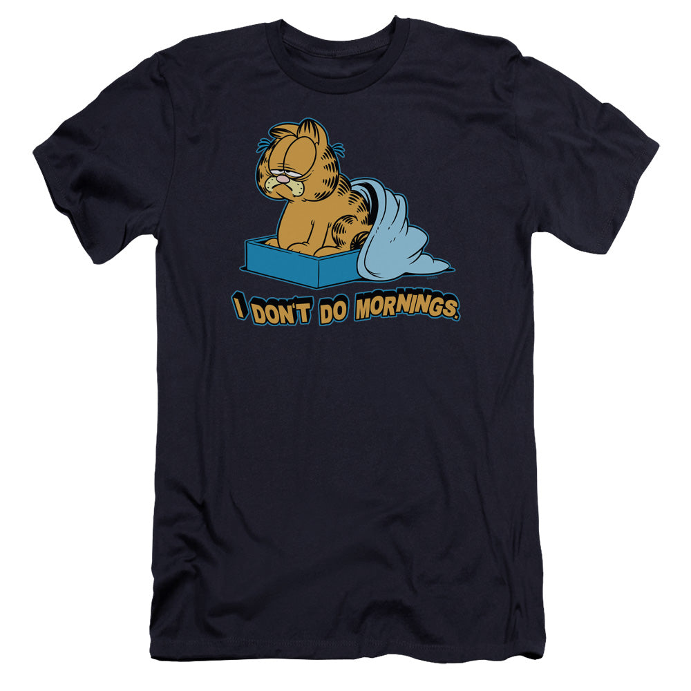 AN OFFCIALLY LICENSED GARFIELD I DONT DO MORNINGS MEN'S PREMIUM SLIM FIT T-SHIRT NAVY