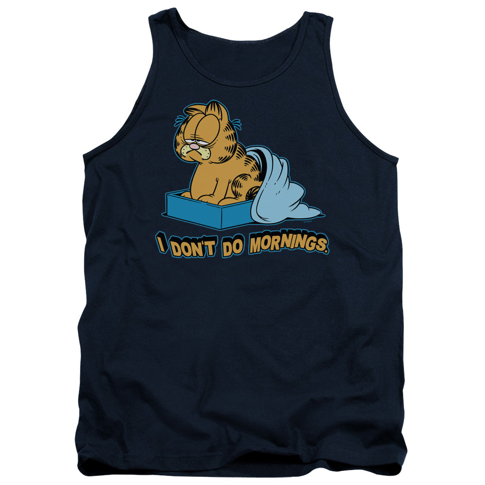 AN OFFCIALLY LICENSED GARFIELD I DONT DO MORNINGS ADULT UNISEX TANK TOP NAVY