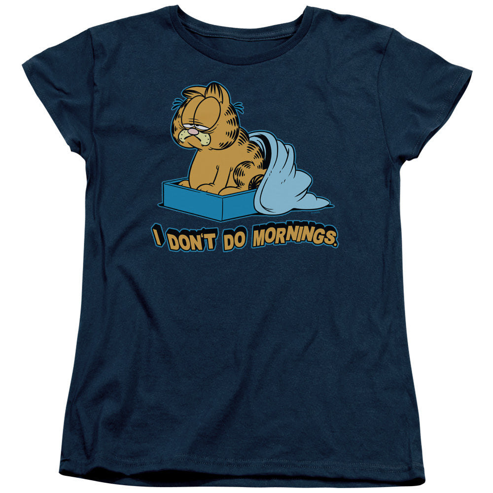 AN OFFCIALLY LICENSED GARFIELD I DONT DO MORNINGS WOMEN'S REGULAR FIT T-SHIRT NAVY