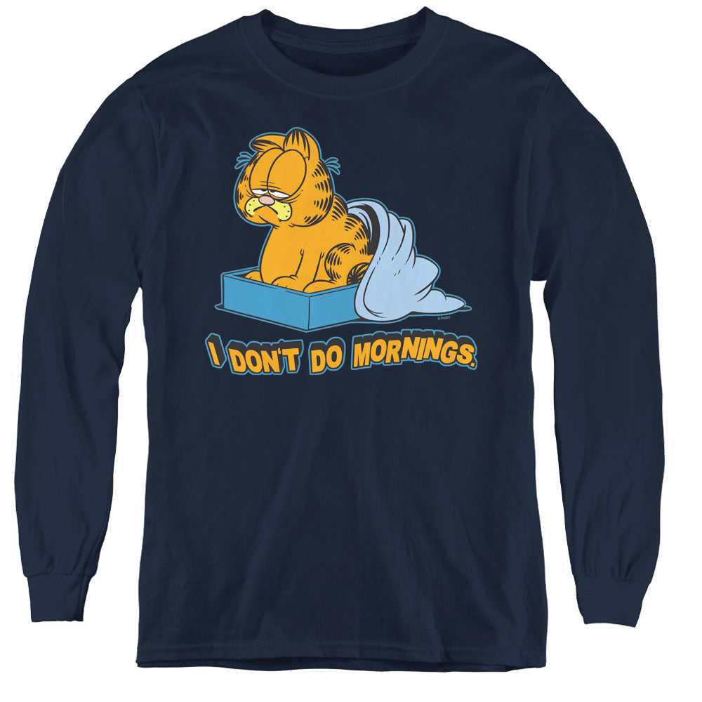 AN OFFCIALLY LICENSED GARFIELD I DONT DO MORNINGS YOUTH LONG SLEEVE T-SHIRT NAVY