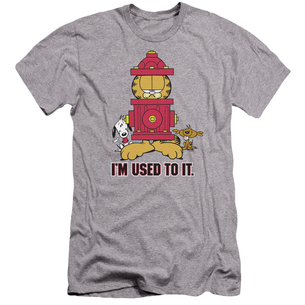 AN OFFCIALLY LICENSED GARFIELD IM USED TO IT MEN'S PREMIUM SLIM FIT T-SHIRT ATHLETIC HEATHER