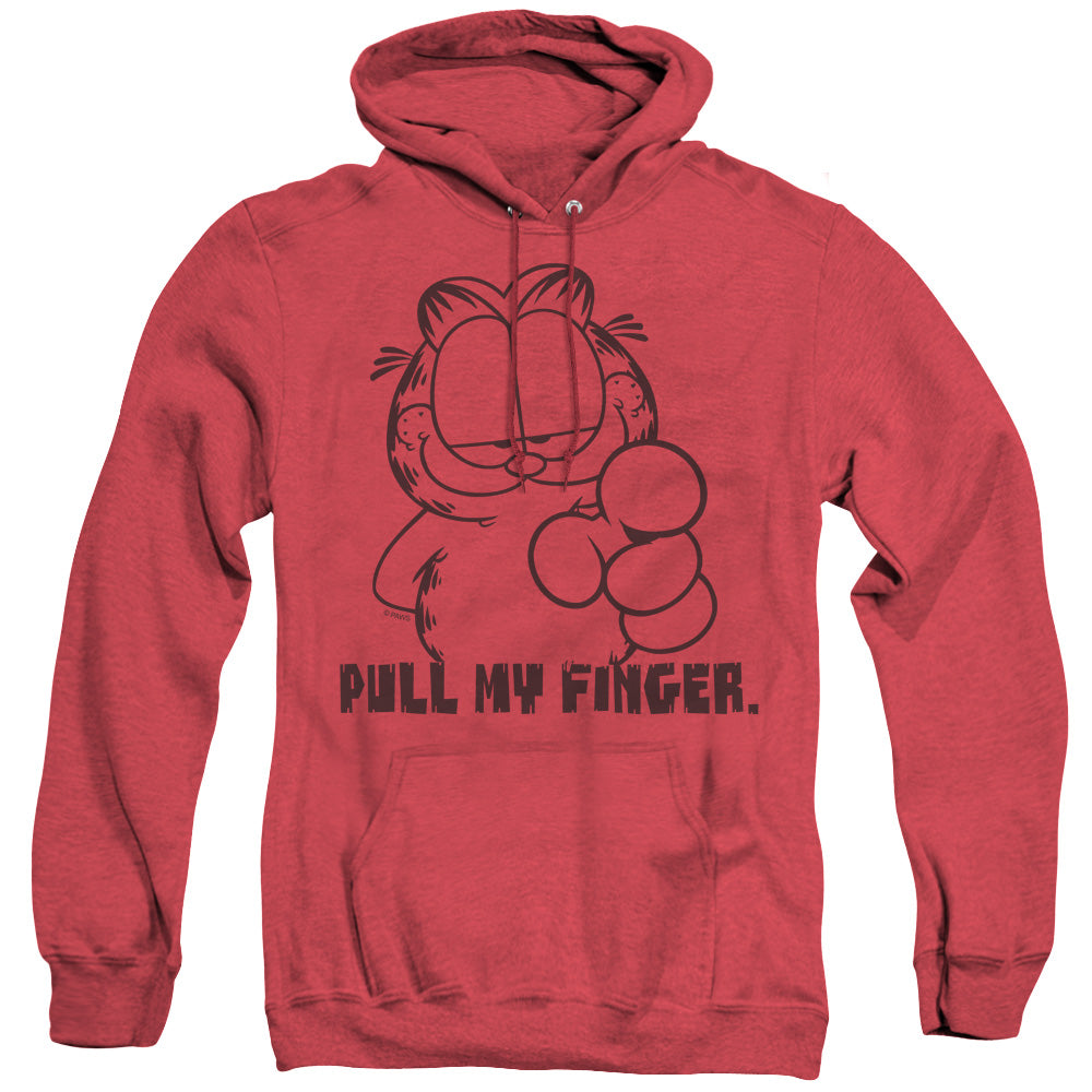 AN OFFCIALLY LICENSED GARFIELD PULL MY FINGER ADULT UNISEX HEATHER PULLOVER HOODIE RED