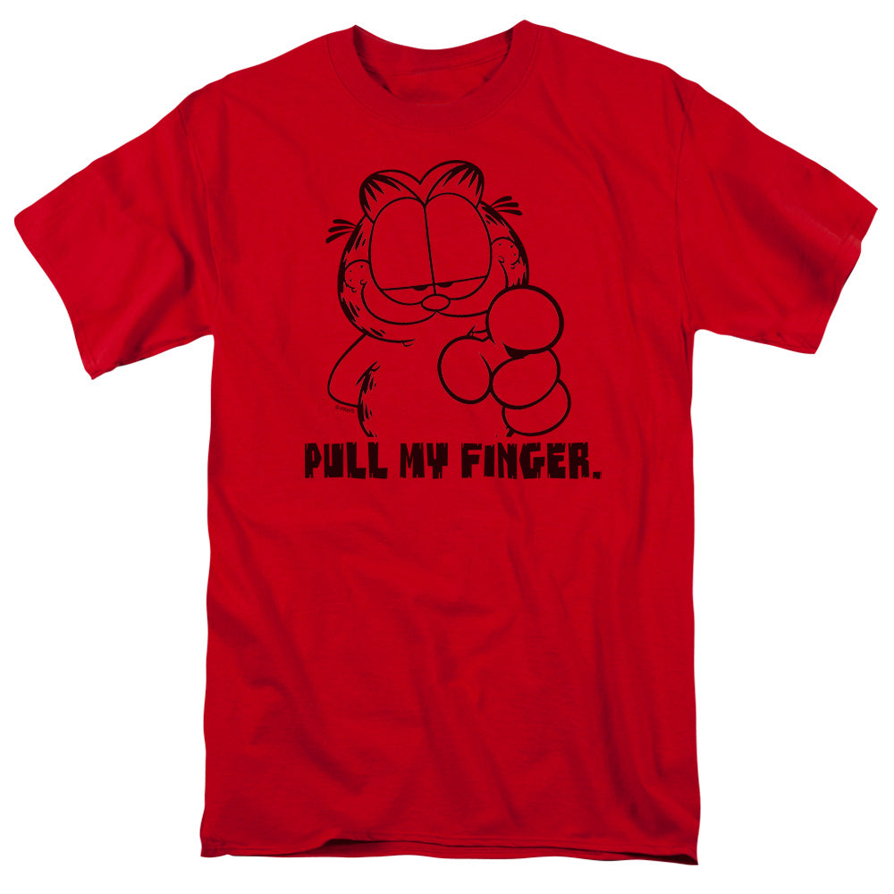 AN OFFCIALLY LICENSED GARFIELD PULL MY FINGER MEN'S REGULAR FIT T-SHIRT RED