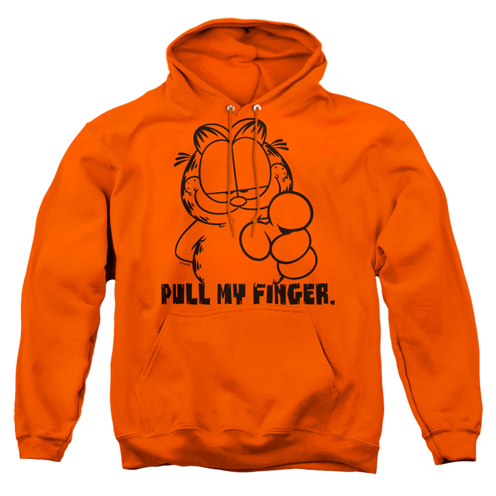 AN OFFCIALLY LICENSED GARFIELD PULL MY FINGER ADULT UNISEX PULLOVER HOODIE ORANGE