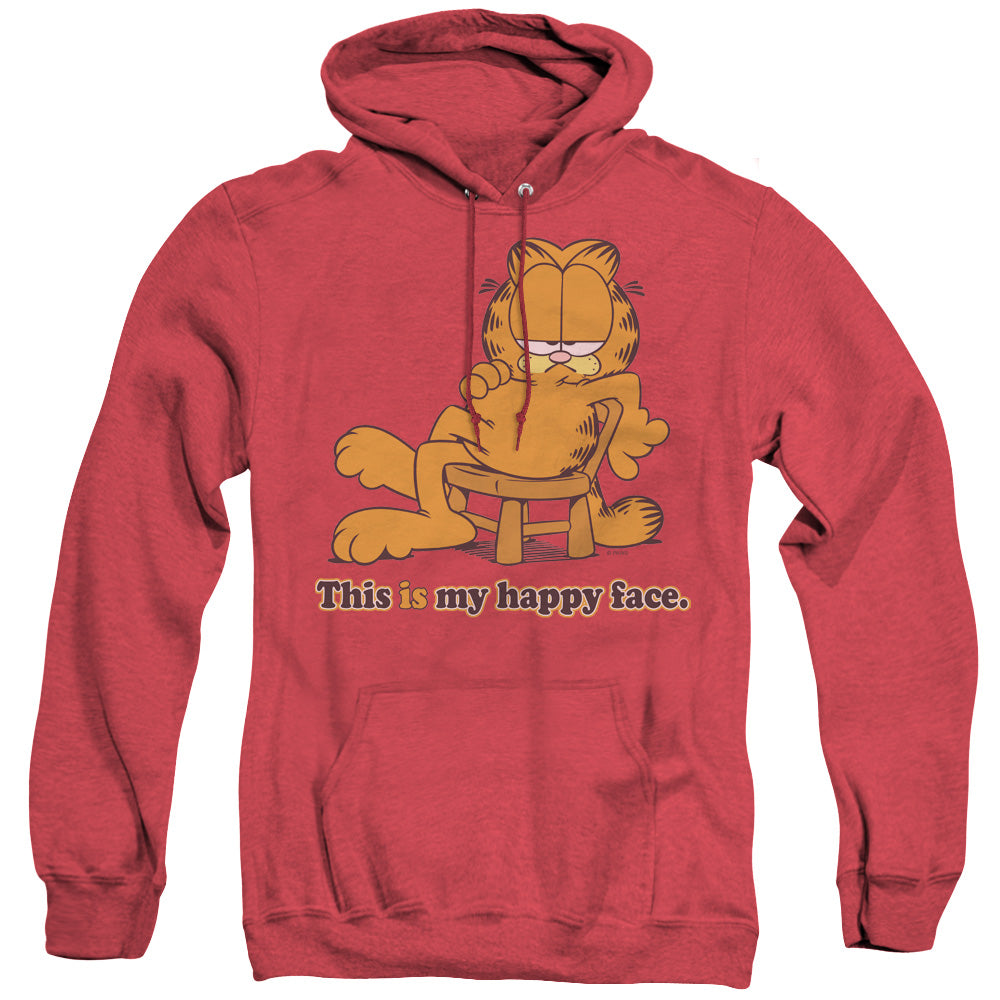 AN OFFCIALLY LICENSED GARFIELD HAPPY FACE ADULT UNISEX HEATHER PULLOVER HOODIE RED