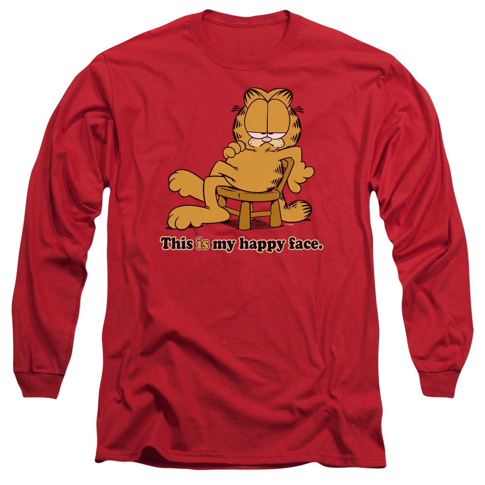 AN OFFCIALLY LICENSED GARFIELD HAPPY FACE MEN'S LONG SLEEVE T-SHIRT RED