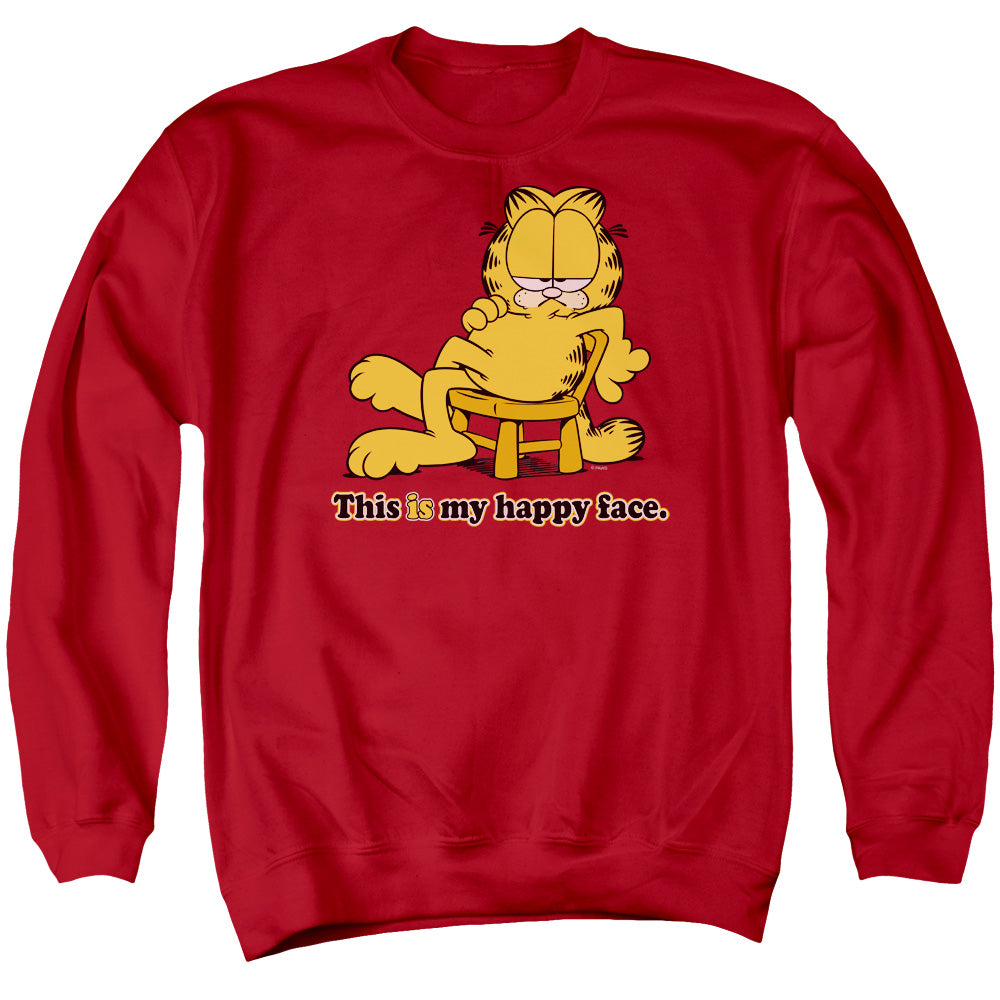 AN OFFCIALLY LICENSED GARFIELD HAPPY FACE ADULT UNISEX CREWNECK SWEATSHIRT RED