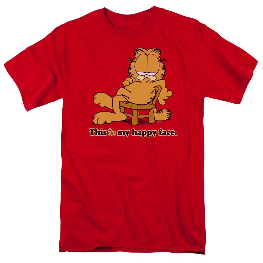 AN OFFCIALLY LICENSED GARFIELD HAPPY FACE MEN'S REGULAR FIT T-SHIRT RED