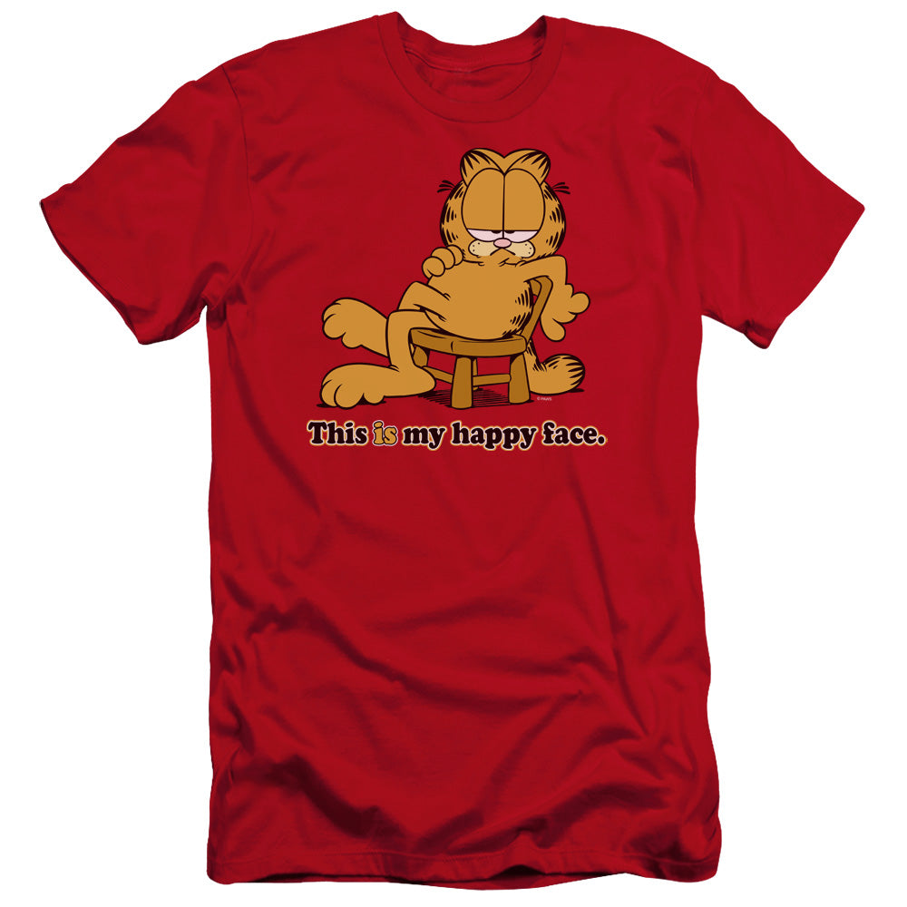 AN OFFCIALLY LICENSED GARFIELD HAPPY FACE MEN'S PREMIUM SLIM FIT T-SHIRT RED