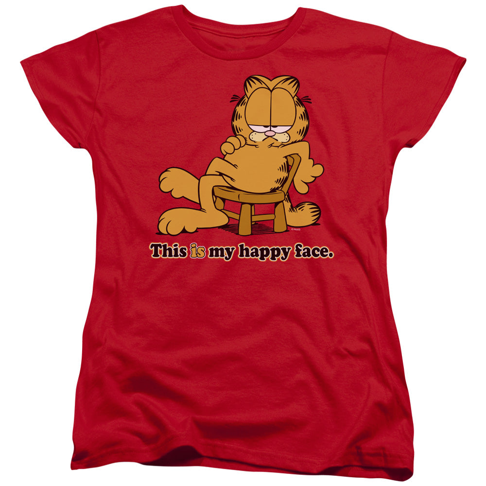 AN OFFCIALLY LICENSED GARFIELD HAPPY FACE WOMEN'S REGULAR FIT T-SHIRT RED