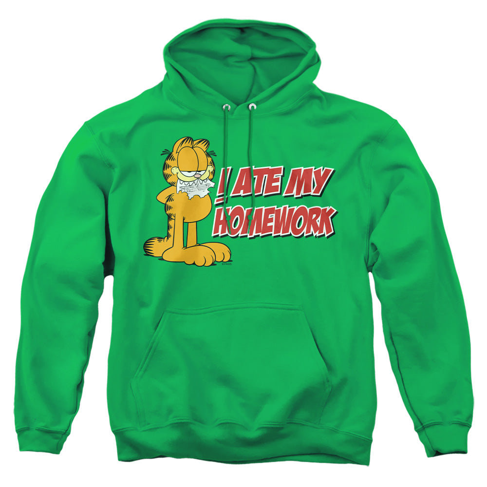 AN OFFCIALLY LICENSED GARFIELD I ATE MY HOMEWORK ADULT UNISEX PULLOVER HOODIE KELLY GREEN