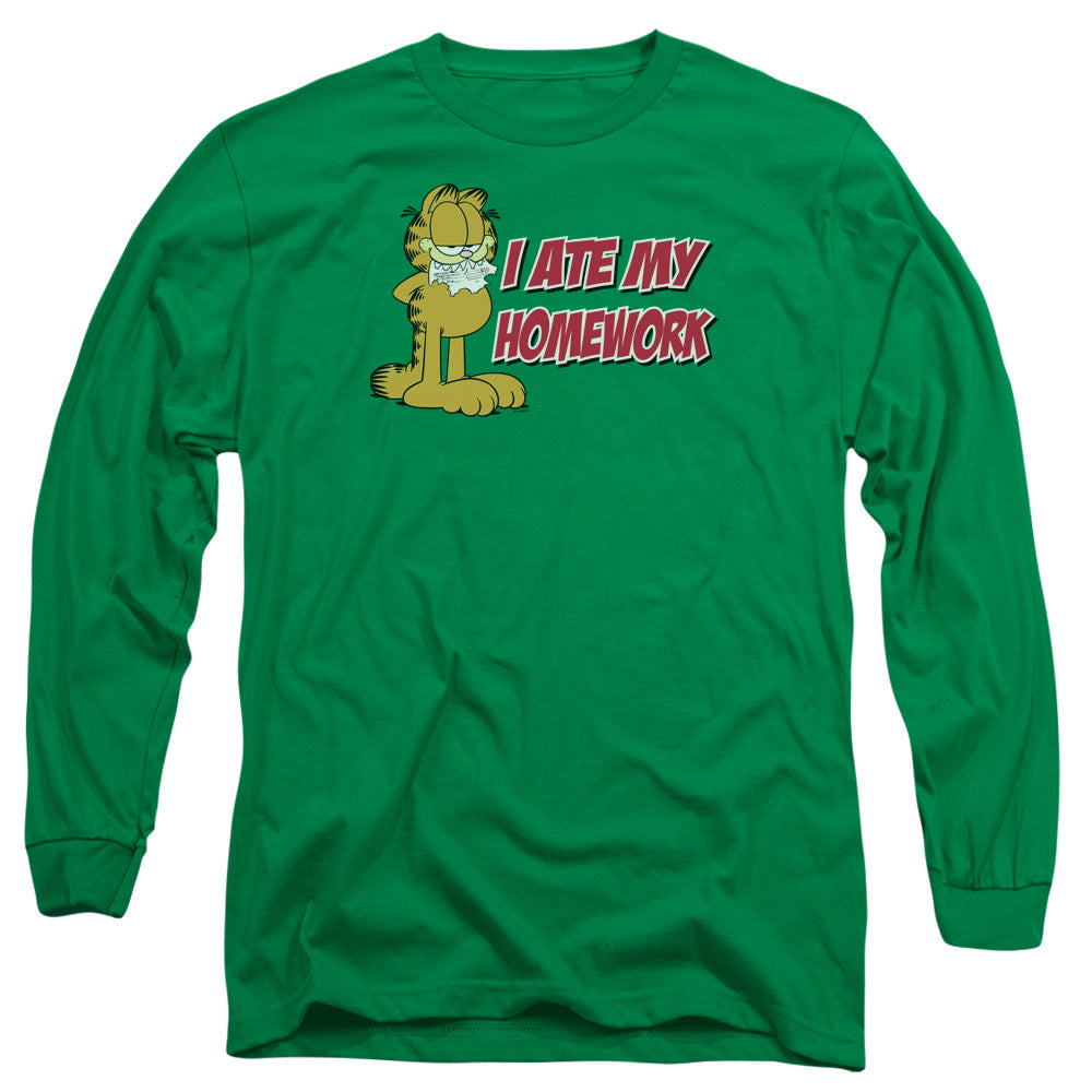 AN OFFCIALLY LICENSED GARFIELD I ATE MY HOMEWORK MEN'S LONG SLEEVE T-SHIRT KELLY GREEN
