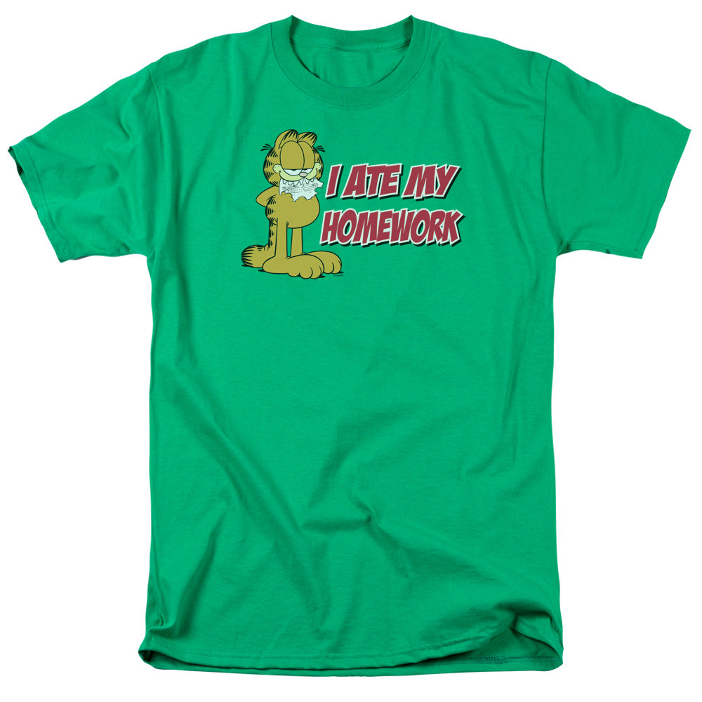 AN OFFCIALLY LICENSED GARFIELD I ATE MY HOMEWORK MEN'S REGULAR FIT T-SHIRT KELLY GREEN