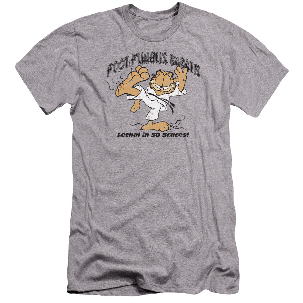 AN OFFCIALLY LICENSED GARFIELD FOOT FUNGUS KARATE MEN'S PREMIUM SLIM FIT T-SHIRT ATHLETIC HEATHER