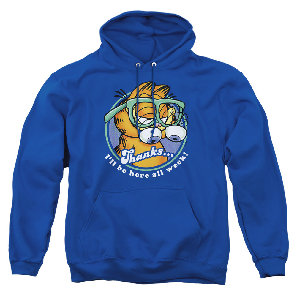 AN OFFCIALLY LICENSED GARFIELD PERFORMING ADULT UNISEX PULLOVER HOODIE ROYAL