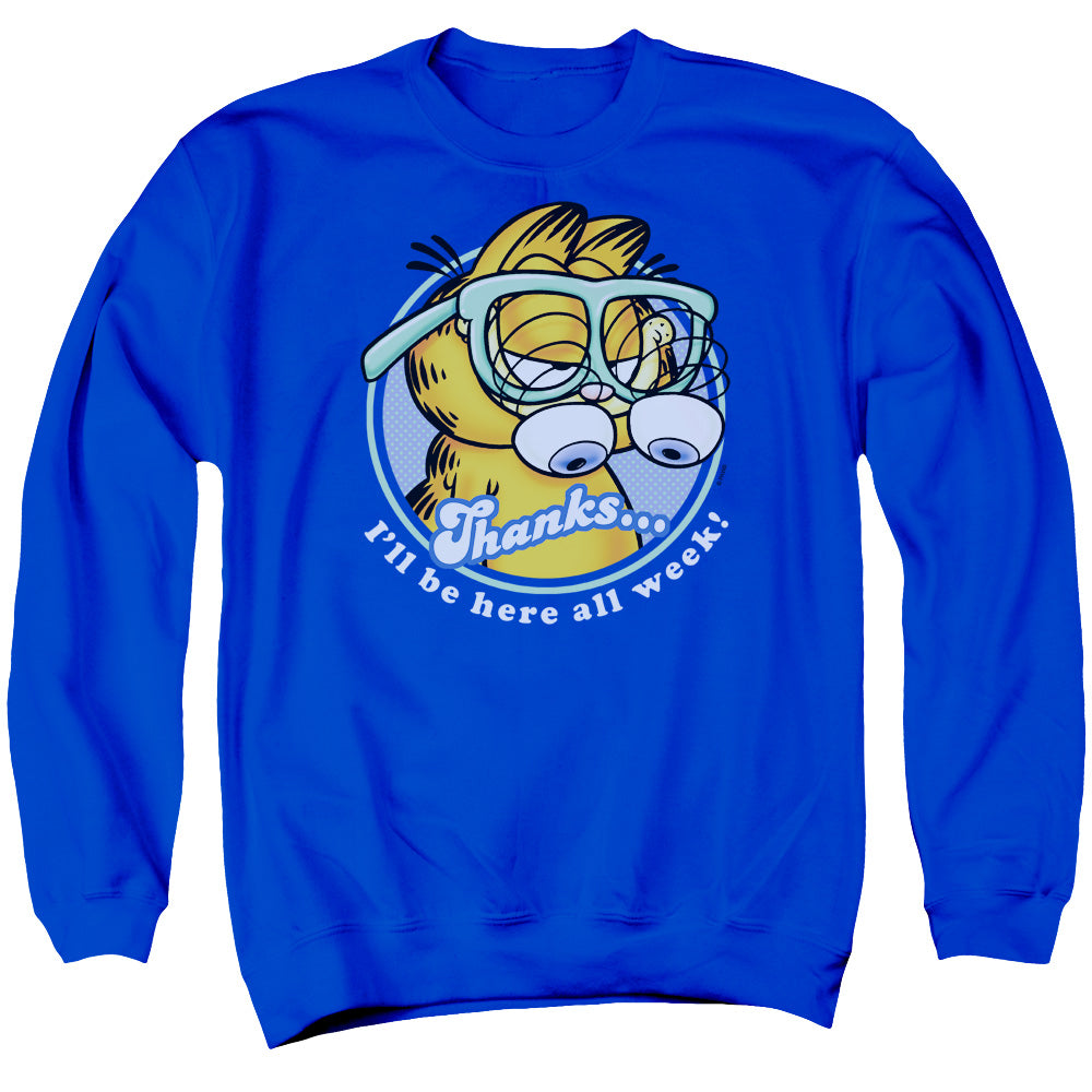 AN OFFCIALLY LICENSED GARFIELD PERFORMING ADULT UNISEX CREWNECK SWEATSHIRT ROYAL
