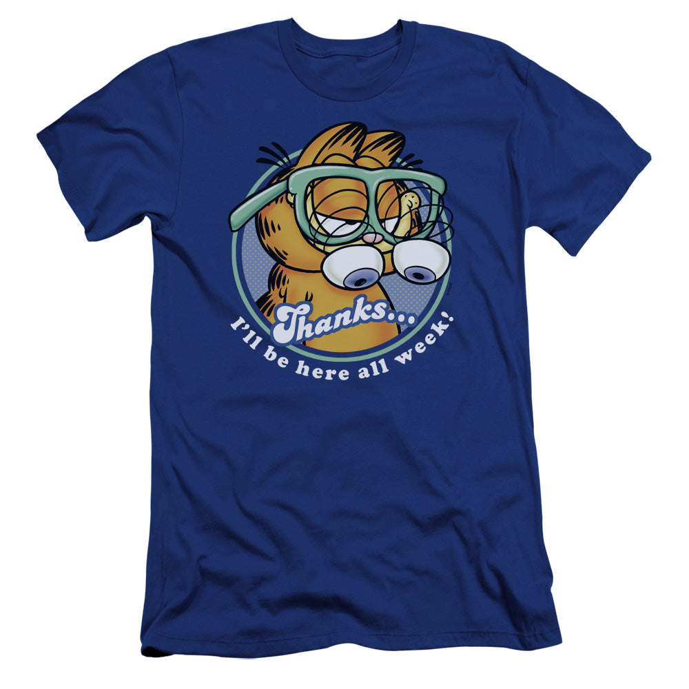 AN OFFCIALLY LICENSED GARFIELD PERFORMING MEN'S PREMIUM SLIM FIT T-SHIRT ROYAL