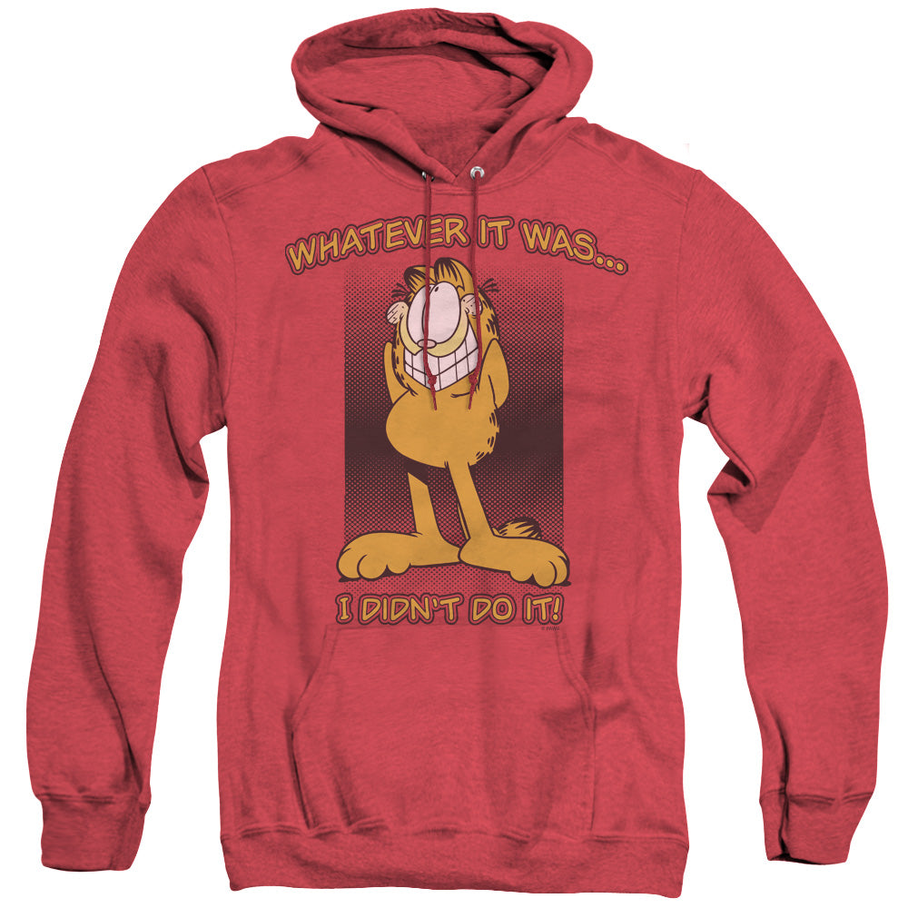 AN OFFCIALLY LICENSED GARFIELD I DIDNT DO IT ADULT UNISEX HEATHER PULLOVER HOODIE RED
