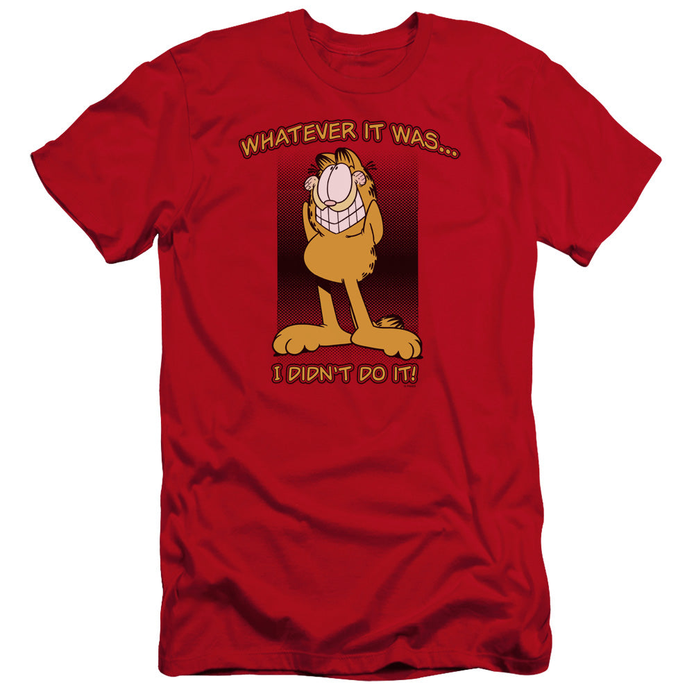 AN OFFCIALLY LICENSED GARFIELD I DIDNT DO IT MEN'S PREMIUM SLIM FIT T-SHIRT RED