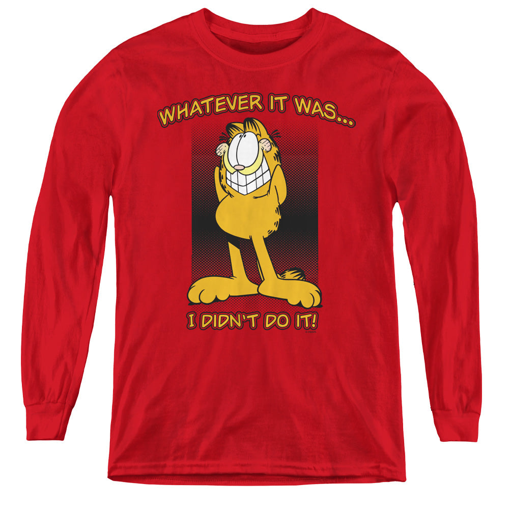 AN OFFCIALLY LICENSED GARFIELD I DIDNT DO IT YOUTH LONG SLEEVE T-SHIRT RED