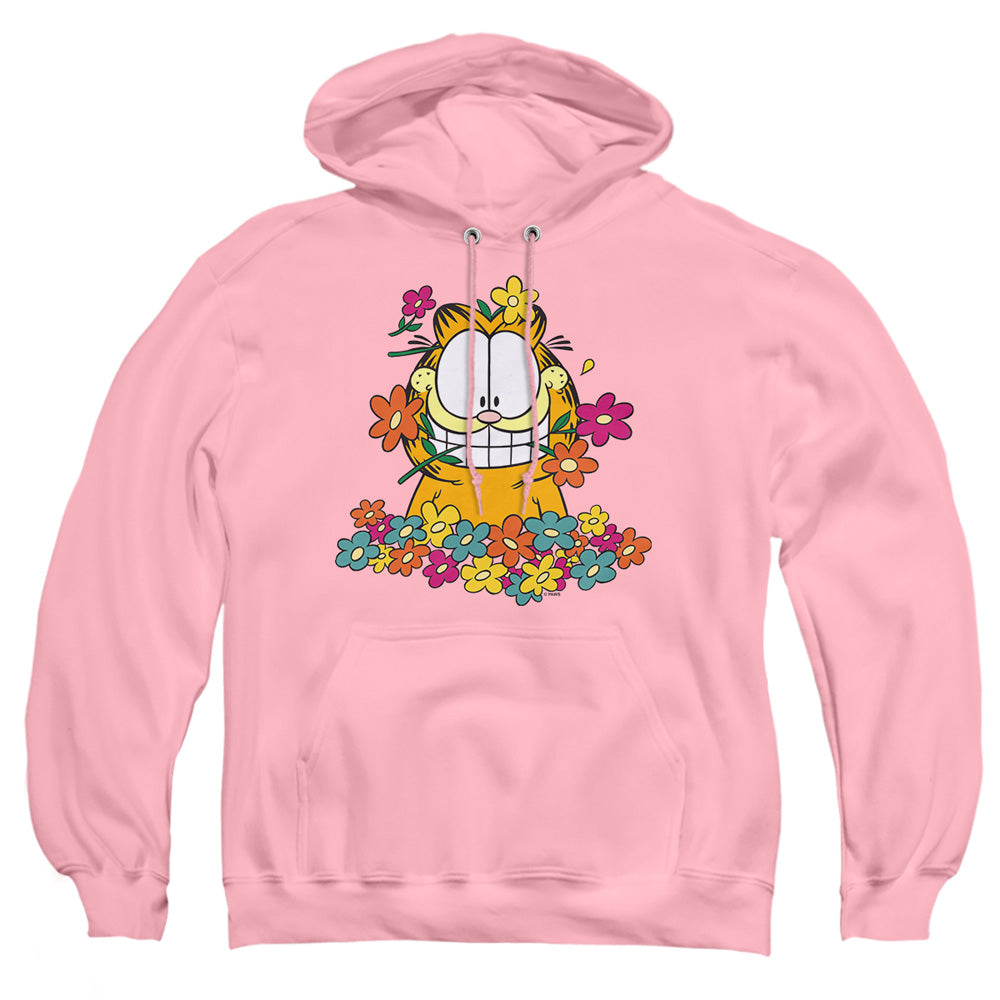 AN OFFCIALLY LICENSED GARFIELD IN THE GARDEN ADULT UNISEX PULLOVER HOODIE PINK