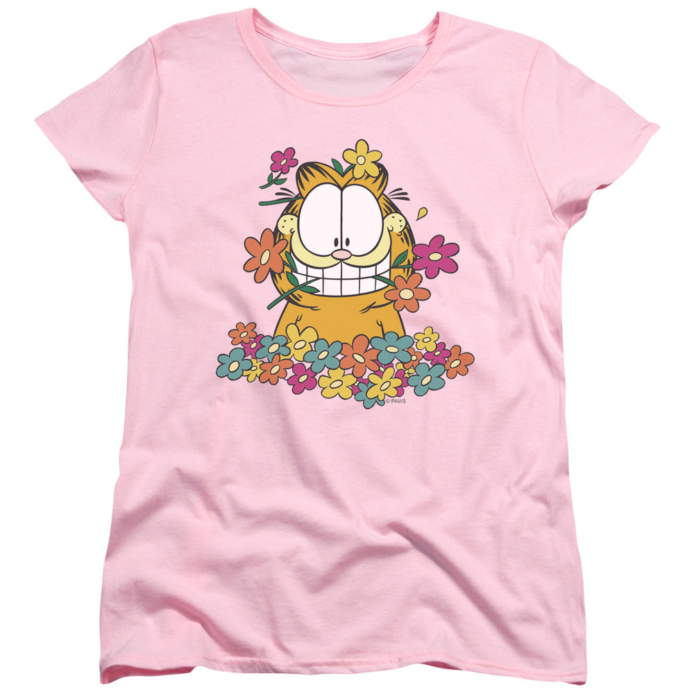 AN OFFCIALLY LICENSED GARFIELD IN THE GARDEN WOMEN'S REGULAR FIT T-SHIRT PINK