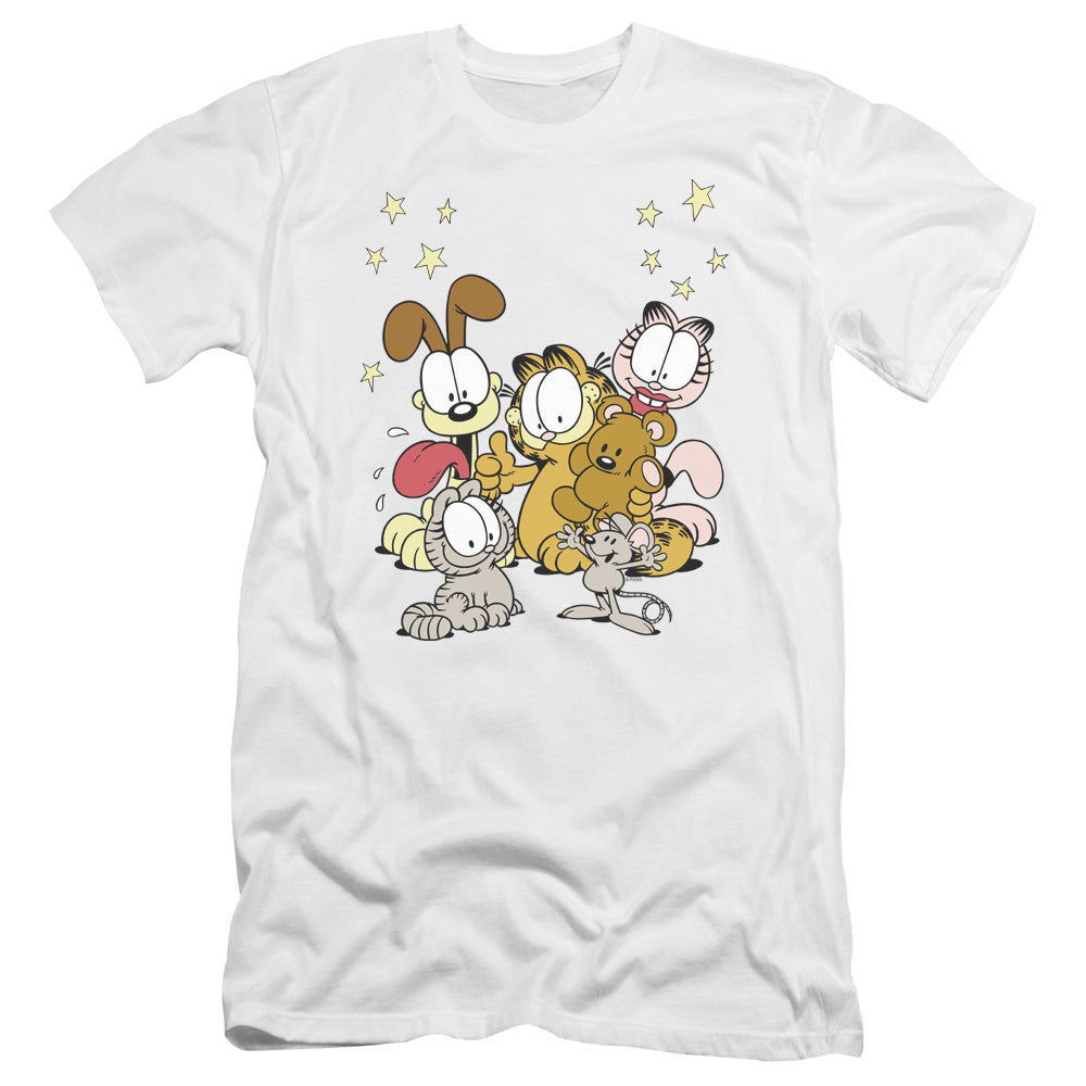 AN OFFCIALLY LICENSED GARFIELD FRIENDS ARE BEST MEN'S PREMIUM SLIM FIT T-SHIRT WHITE