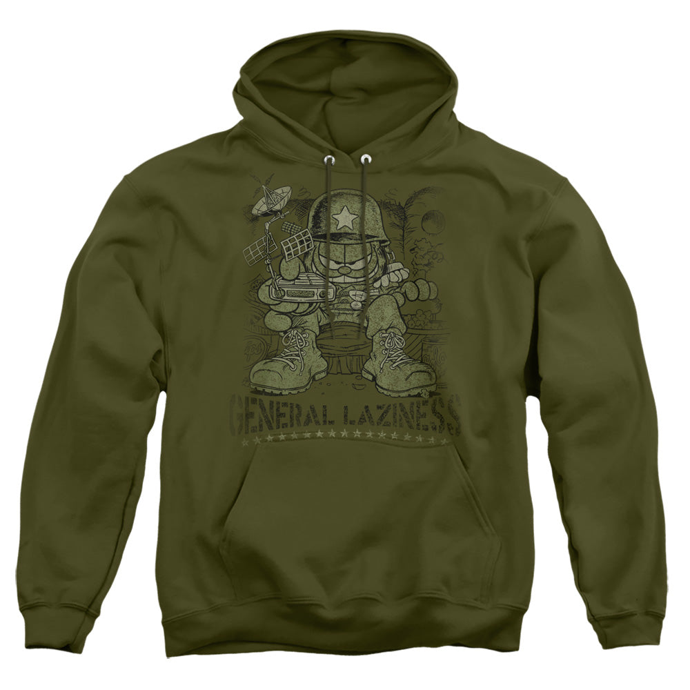 AN OFFCIALLY LICENSED GARFIELD GENERAL LAZINESS ADULT UNISEX PULLOVER HOODIE MILITARY GREEN