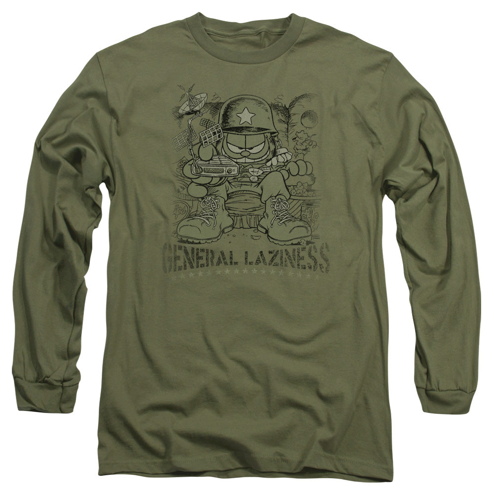 AN OFFCIALLY LICENSED GARFIELD GENERAL LAZINESS MEN'S LONG SLEEVE T-SHIRT MILITARY GREEN