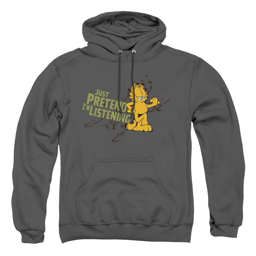 AN OFFCIALLY LICENSED GARFIELD JUST PRETEND IM LISTENING ADULT UNISEX PULLOVER HOODIE CHARCOAL