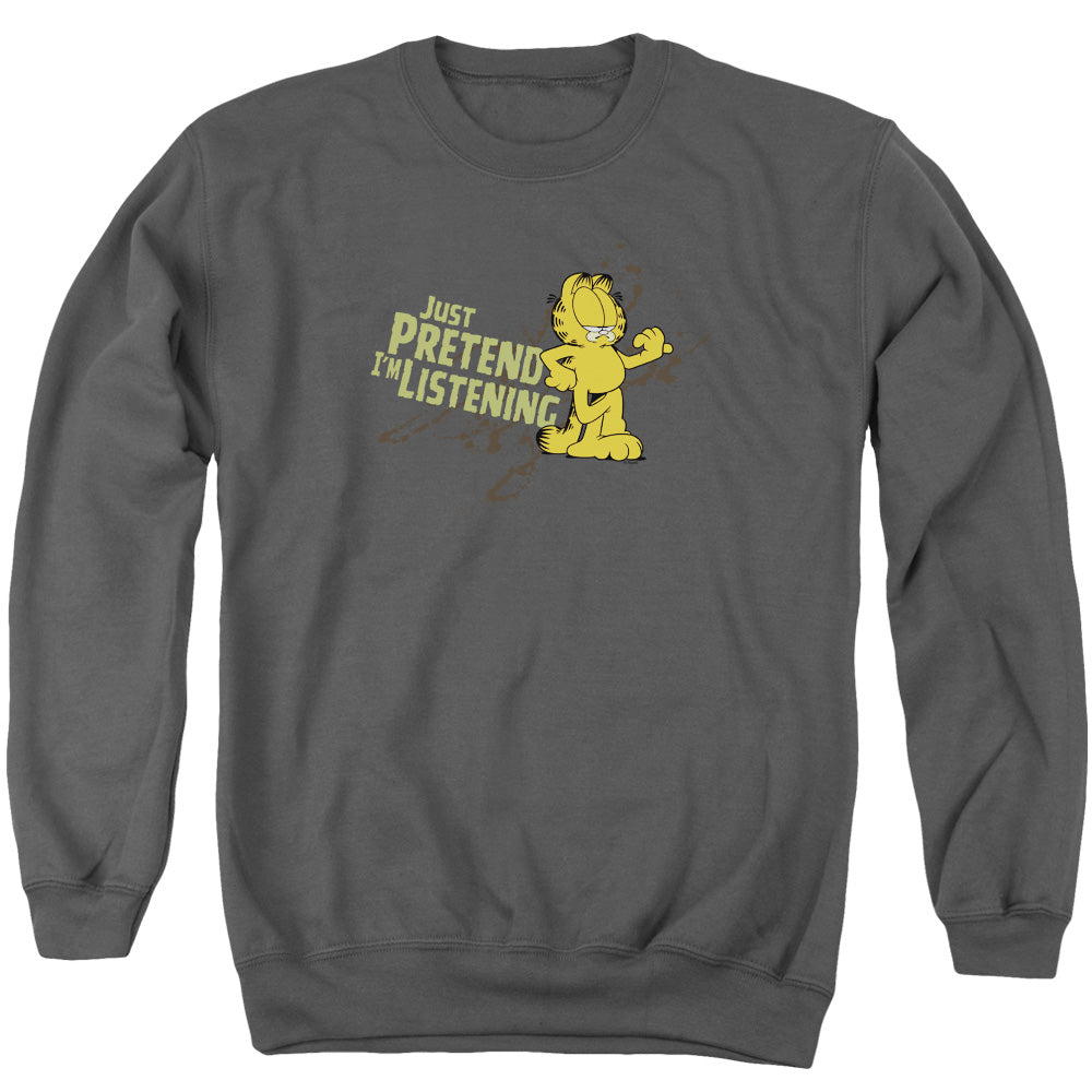 AN OFFCIALLY LICENSED GARFIELD JUST PRETEND IM LISTENING ADULT UNISEX CREWNECK SWEATSHIRT CHARCOAL