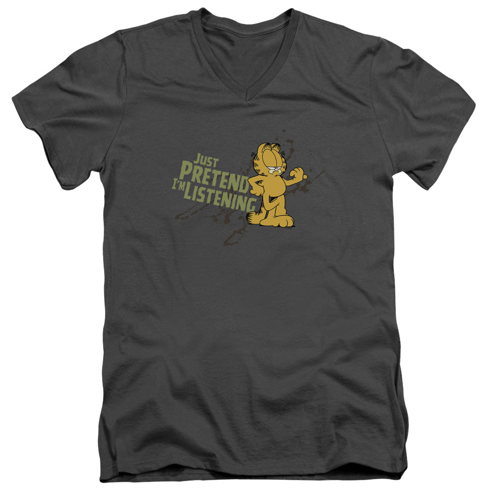 AN OFFCIALLY LICENSED GARFIELD JUST PRETEND IM LISTENING MEN'S V-NECK T-SHIRT CHARCOAL