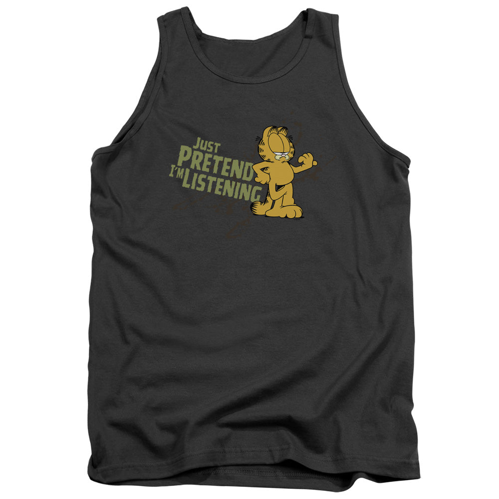 AN OFFCIALLY LICENSED GARFIELD JUST PRETEND IM LISTENING ADULT UNISEX TANK TOP CHARCOAL