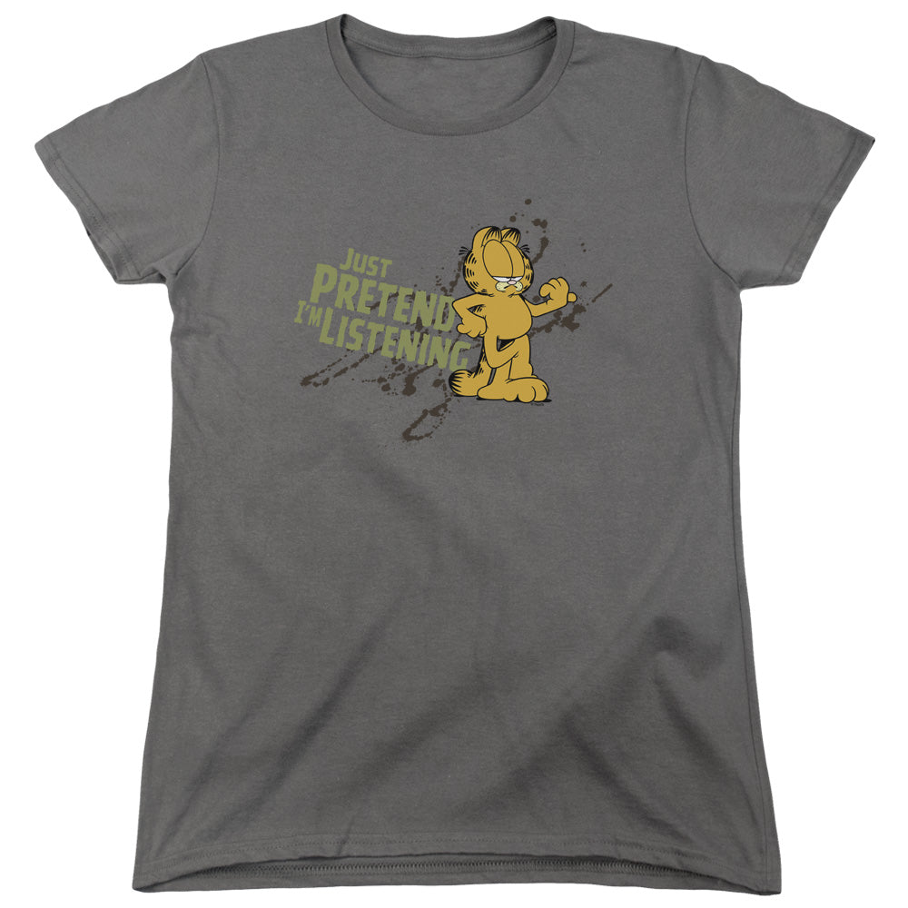 AN OFFCIALLY LICENSED GARFIELD JUST PRETEND IM LISTENING WOMEN'S REGULAR FIT T-SHIRT CHARCOAL