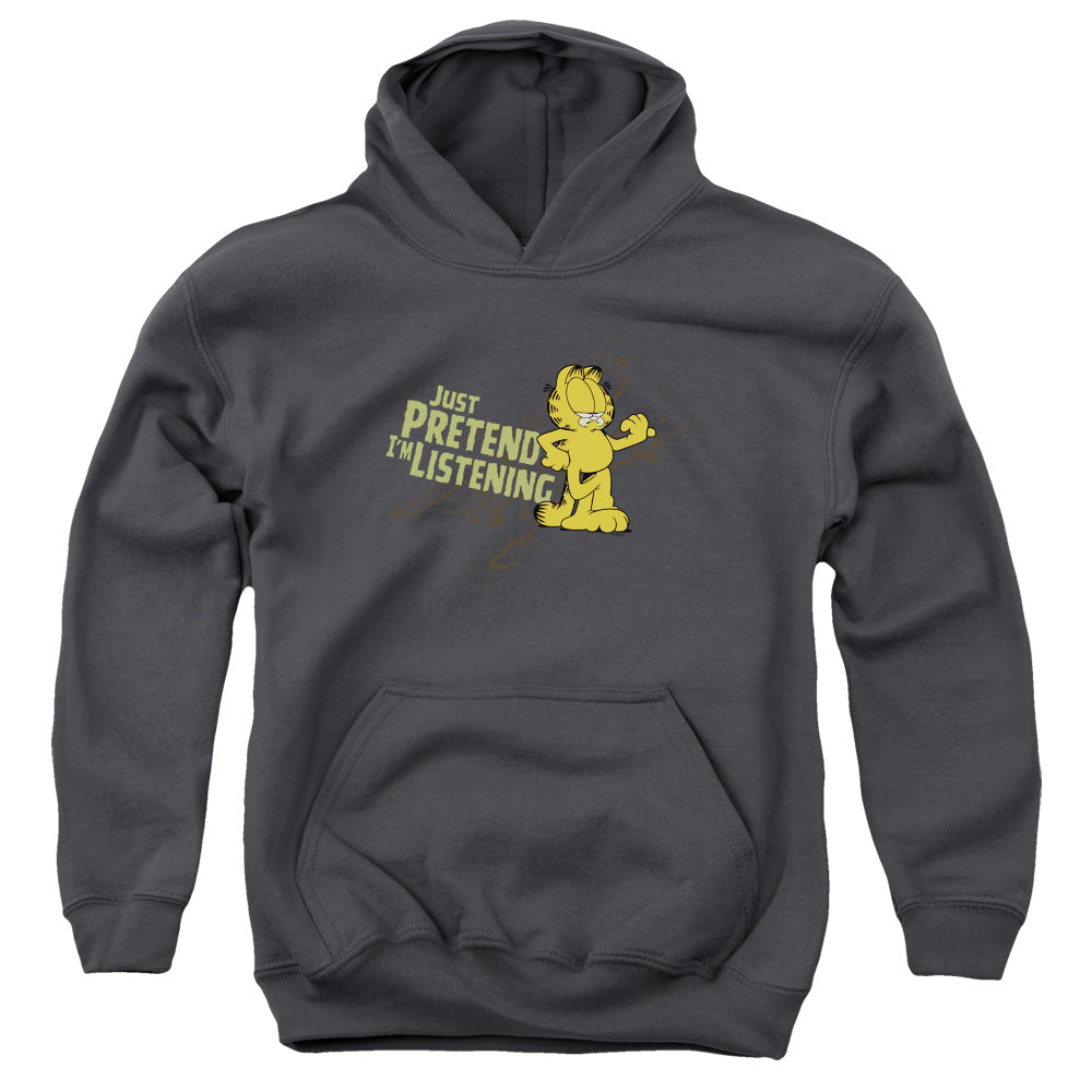 AN OFFCIALLY LICENSED GARFIELD JUST PRETEND IM LISTENING YOUTH HOODIE CHARCOAL