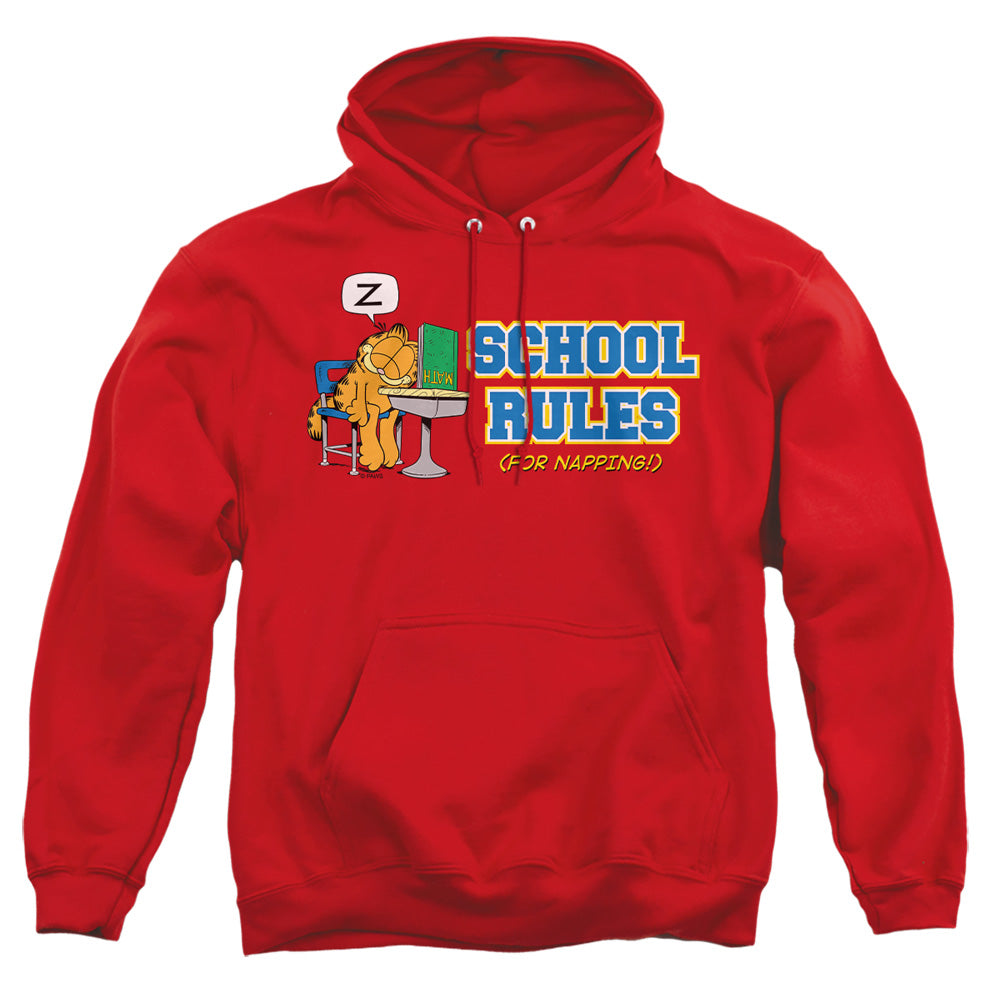 AN OFFCIALLY LICENSED GARFIELD SCHOOL RULES ADULT UNISEX PULLOVER HOODIE RED