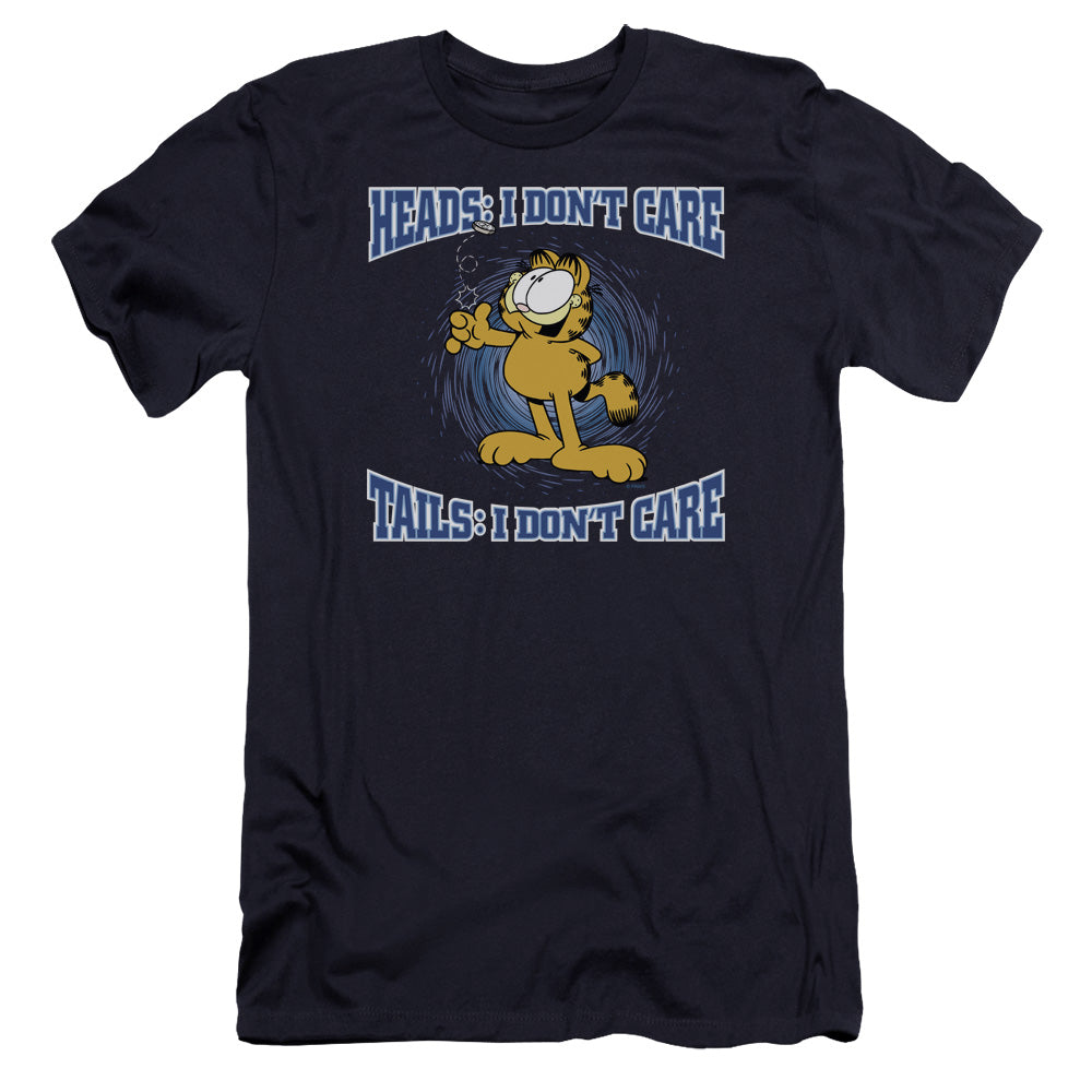 AN OFFCIALLY LICENSED GARFIELD HEADS OR TAILS MEN'S PREMIUM SLIM FIT T-SHIRT NAVY