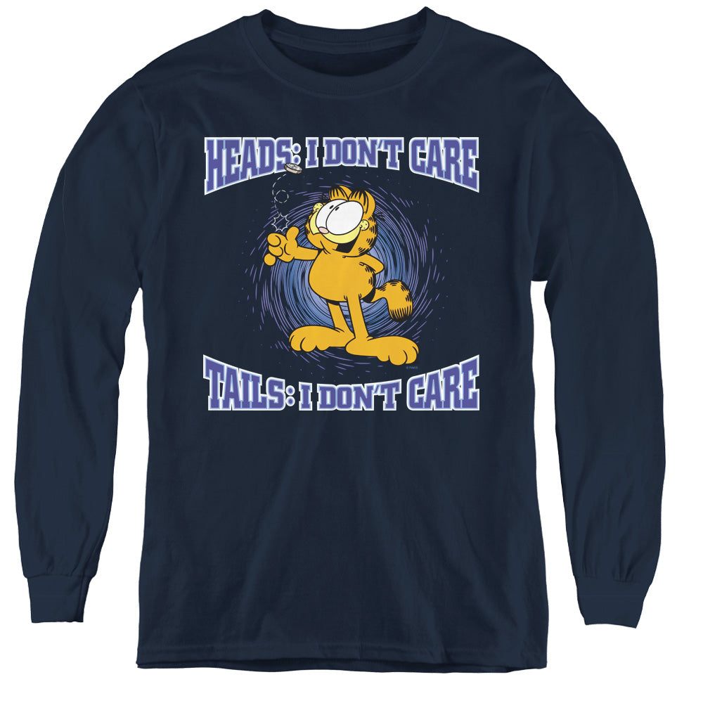 AN OFFCIALLY LICENSED GARFIELD HEADS OR TAILS YOUTH LONG SLEEVE T-SHIRT NAVY