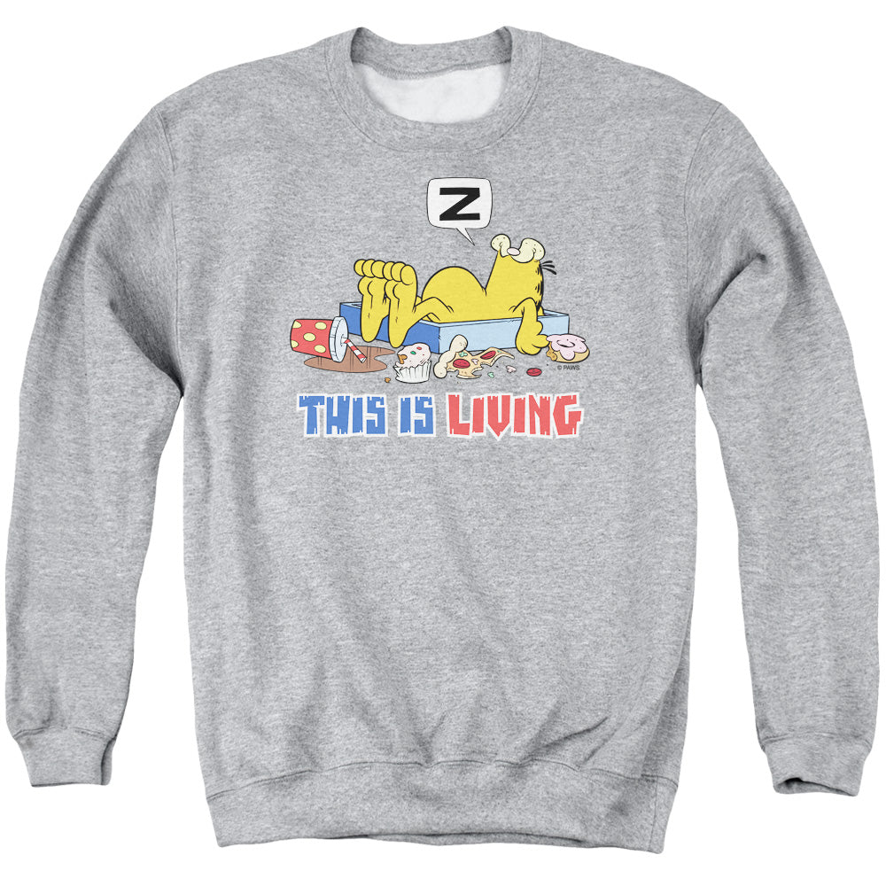 AN OFFCIALLY LICENSED GARFIELD THIS IS LIVING ADULT UNISEX CREWNECK SWEATSHIRT ATHLETIC HEATHER