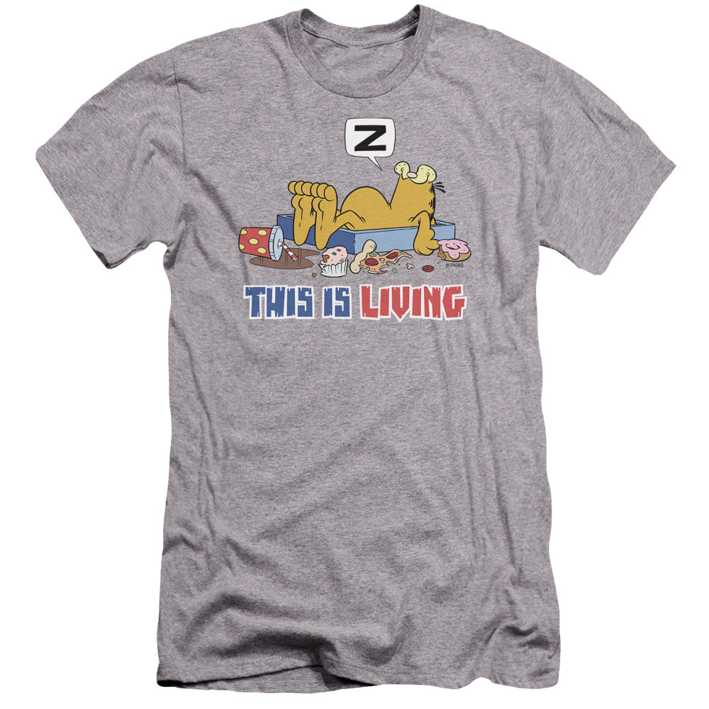 AN OFFCIALLY LICENSED GARFIELD THIS IS LIVING MEN'S PREMIUM SLIM FIT T-SHIRT ATHLETIC HEATHER