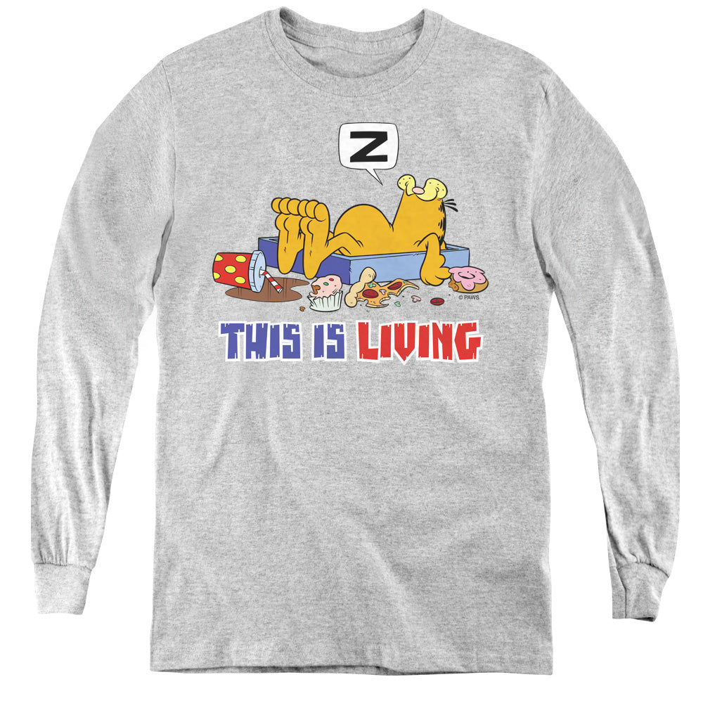 AN OFFCIALLY LICENSED GARFIELD THIS IS LIVING YOUTH LONG SLEEVE T-SHIRT ATHLETIC HEATHER