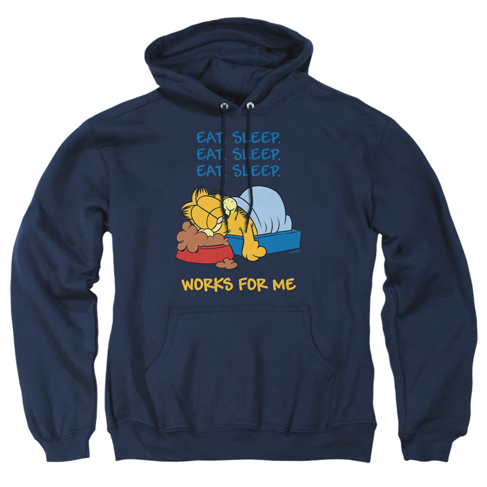AN OFFCIALLY LICENSED GARFIELD WORKS FOR ME ADULT UNISEX PULLOVER HOODIE NAVY