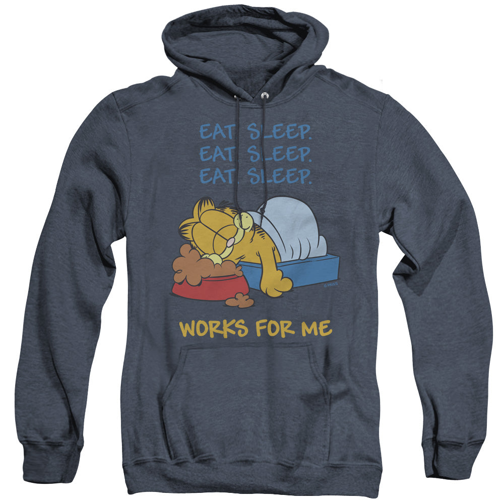 AN OFFCIALLY LICENSED GARFIELD WORKS FOR ME ADULT UNISEX HEATHER PULLOVER HOODIE NAVY