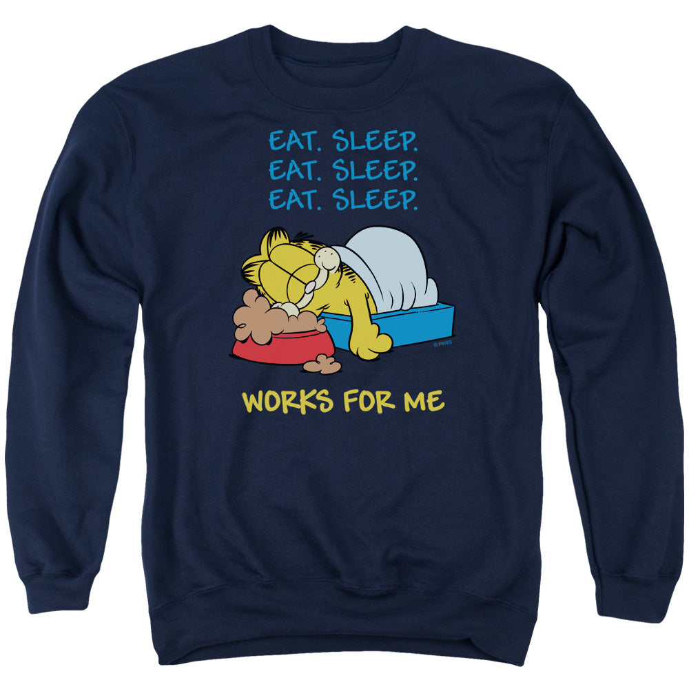 AN OFFCIALLY LICENSED GARFIELD WORKS FOR ME ADULT UNISEX CREWNECK SWEATSHIRT NAVY