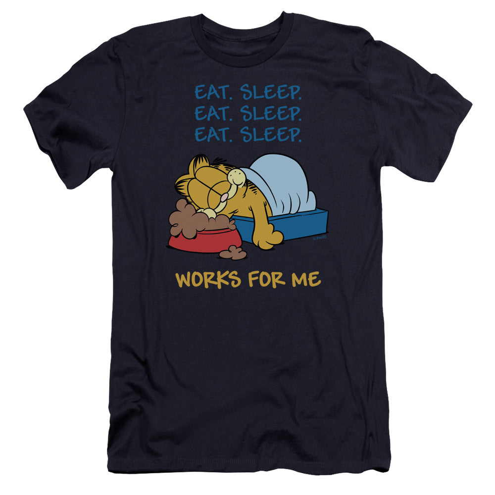 AN OFFCIALLY LICENSED GARFIELD WORKS FOR ME MEN'S PREMIUM SLIM FIT T-SHIRT NAVY