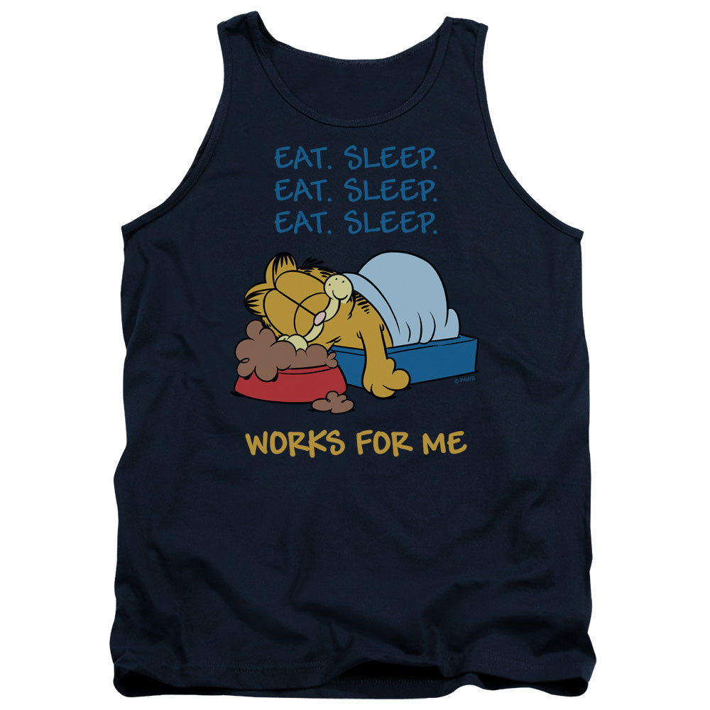 AN OFFCIALLY LICENSED GARFIELD WORKS FOR ME ADULT UNISEX TANK TOP NAVY
