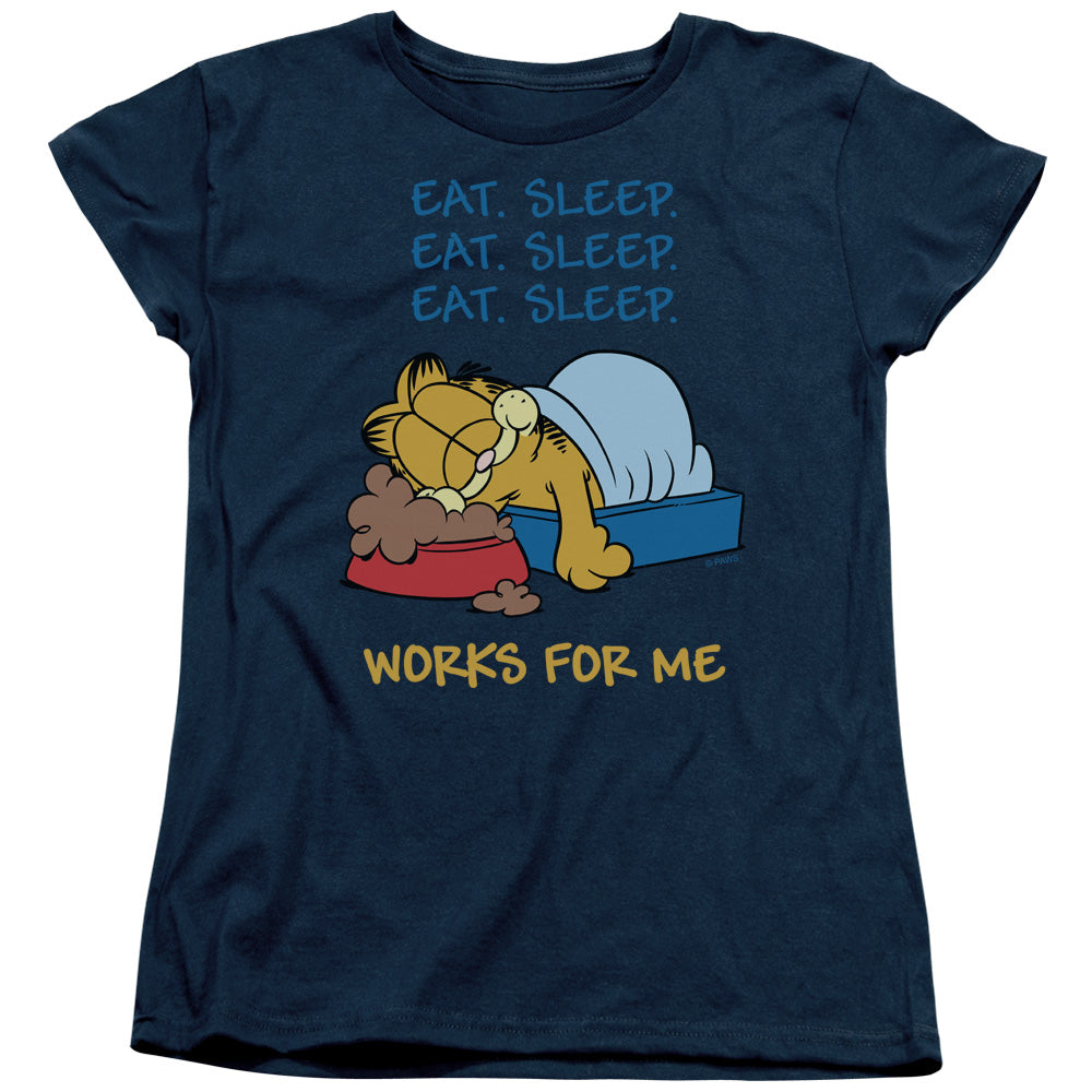 AN OFFCIALLY LICENSED GARFIELD WORKS FOR ME WOMEN'S REGULAR FIT T-SHIRT NAVY